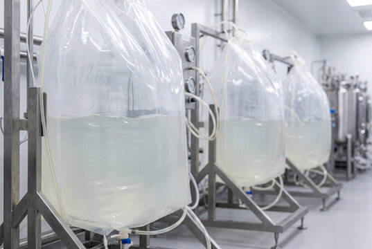 Bioprocessing bags installed in pharmaceutical production suite