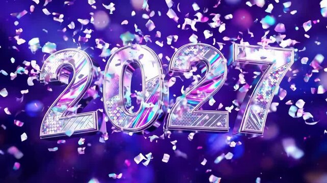 Shiny metallic 2027 numbers with sequins and confetti burst. New year 2027 celebration graphic. Festive digital design for holiday greetings and invitations