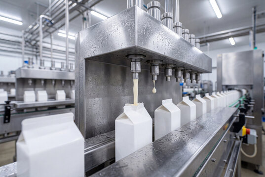 Automated carton filling line in dairy processing plant