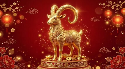 Fototapeta premium Golden ram figurine standing on a podium with traditional gold coins and ingots