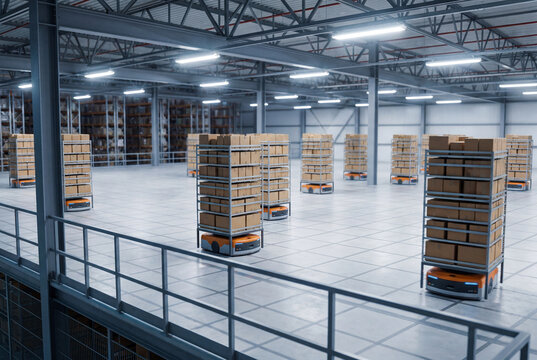 Autonomous warehouse robots transporting inventory racks