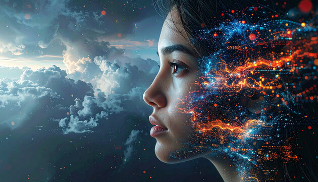 Woman face with digital circuit board and cloudy sky