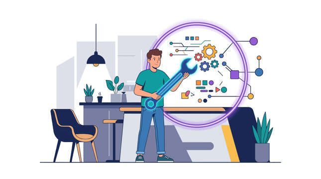 Professional mobile app developer fixing software bugs and optimizing system performance flat design vector illustration.