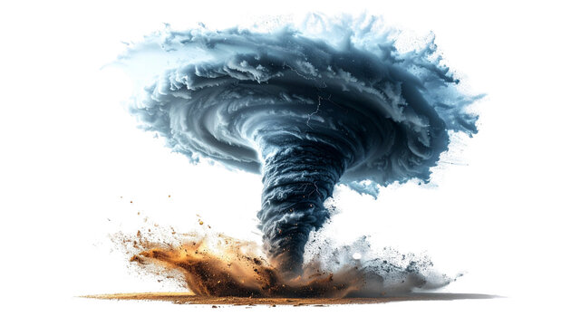 A powerful tornado funnel with swirling dust and realistic wind motion, dramatic weather disaster theme, isolated on transparent background.