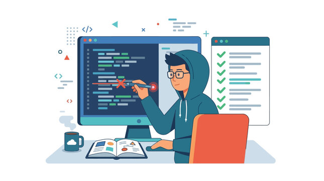 Professional programmer reviewing and fixing code errors on computer monitor flat vector illustration.