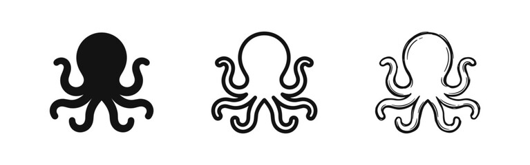 Set of octopus icons in different styles, black silhouette, contour, and sketch style © drawing lines