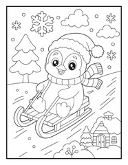 Fototapeta premium Cute Penguin Riding Sled Coloring Page for Kids and Adults. Printable Cartoon Winter Adventure Illustration