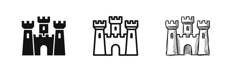 Medieval Castle Fortress Icon Set, Historical Building Symbols © drawing lines