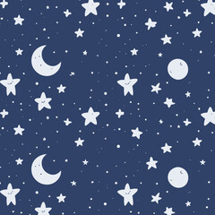 Naklejka premium Cute cartoon moon and stars seamless pattern for kids.