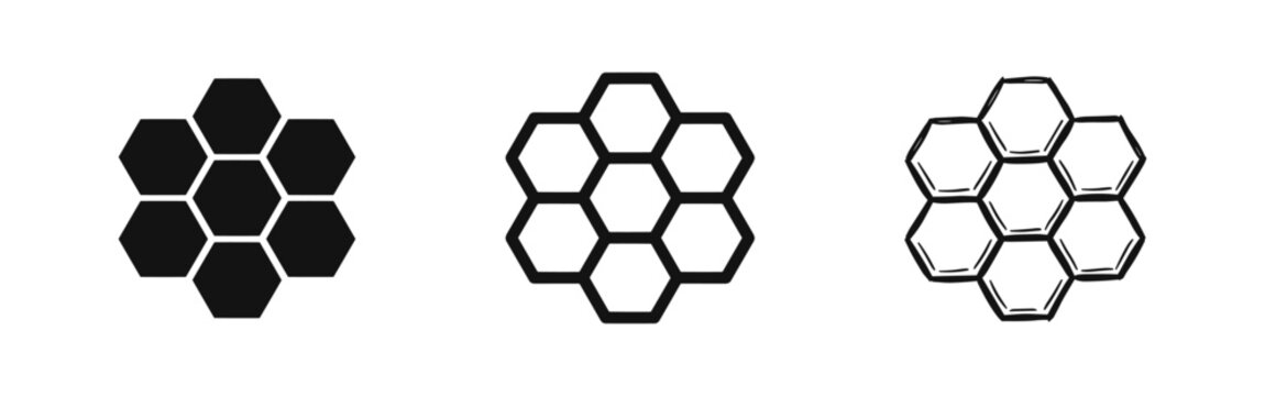 Honeycomb hexagonal pattern icons in solid, outline, and sketch styles
