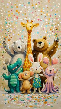Oil painting watercolor on paper, colorful forest animals jiraffe cocodrile bear rabbit and octupus celebrating in a party with confeti, beige background
