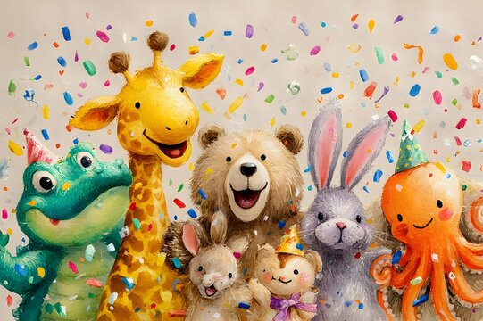 Oil painting watercolor on paper, colorful forest animals jiraffe cocodrile bear rabbit and octupus celebrating in a party with confeti, beige background