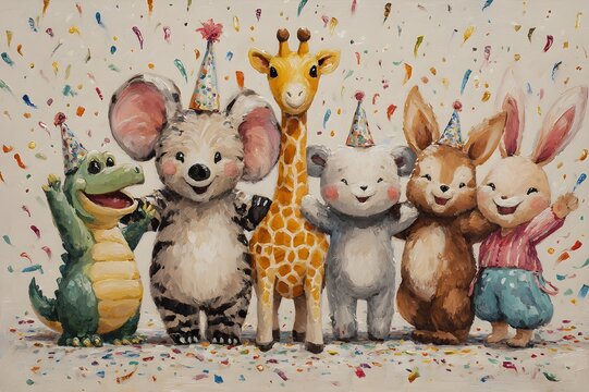 Oil painting watercolor on paper, colorful forest animals jiraffe cocodrile bear rabbit and octupus celebrating in a party with confeti, beige background
