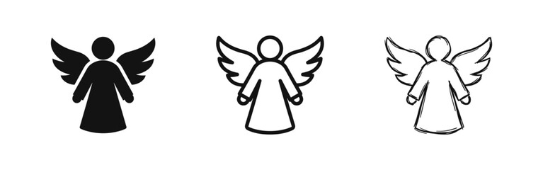 Fototapeta premium Set of angel character icons in solid, outline, and sketch styles