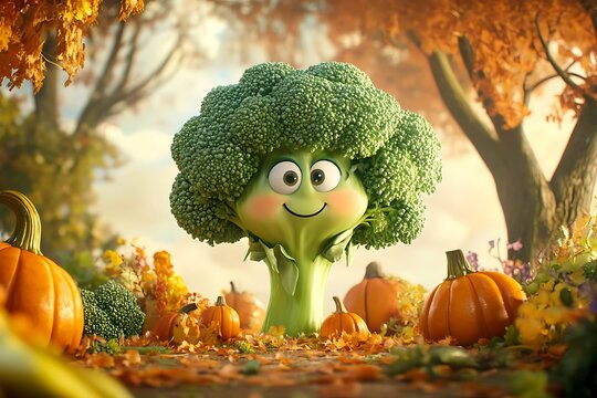 A cute anthropomorphic broccoli character standing in an autumn pumpkin patch