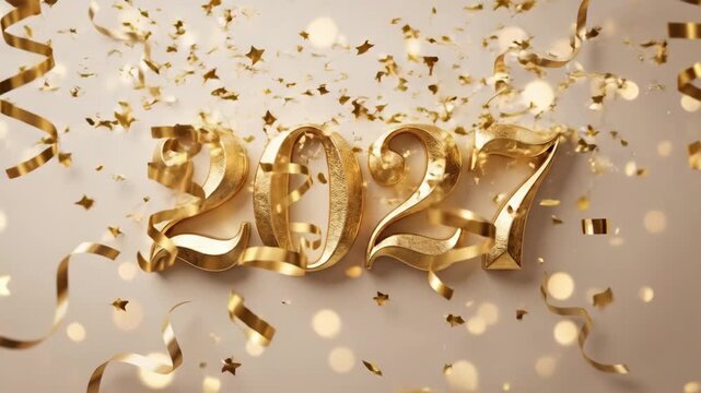Golden numbers 2027 with confetti stars and ribbons on beige background. New year 2027 celebration design. Festive holiday concept for greetings and invitations