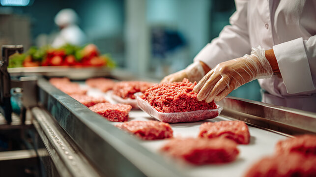 Food production employee packing raw ground beef on industrial conveyor belt