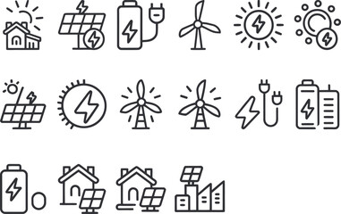 Fototapeta premium Renewable Energy Icons: Solar Panels, Wind Turbines, Batteries, and Houses
