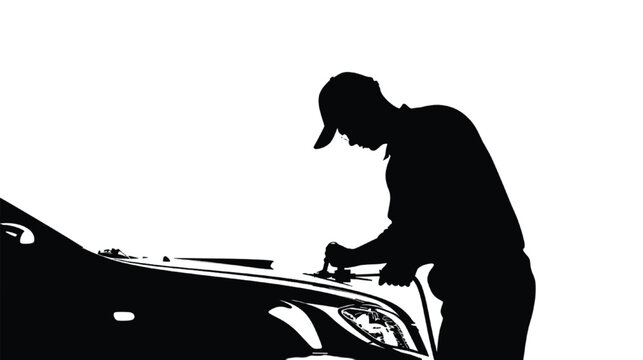 Mechanic works on a vehicle hood to perform maintenance or engine repairs in a professional garage.