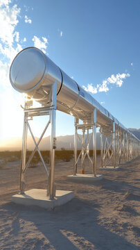 Futuristic hyperloop transportation system with elevated metallic tubes stretching across a desert landscape at sunset, symbolizing advanced travel technology