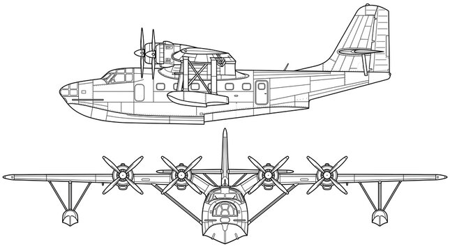 Seaplane Blueprint: Technical drawing of a four-engine seaplane, showcasing its side and front profile, with intricate details of its design and structure.