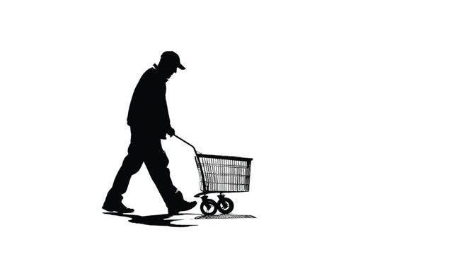 Person silhouette pushes an empty metal shopping cart against a stark and empty white background.
