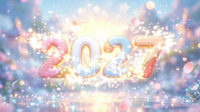 Glossy three dimensional numbers 2027 in pink blue and orange hues. Floating cherry blossom petals with bokeh lights and sparkles. New year 2027 celebration concept for festive greeting card design