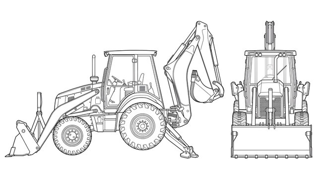 Backhoe Loader Blueprint: A detailed line drawing of a backhoe loader showcases its mechanical complexity and design, presented from multiple angles for clear illustration.