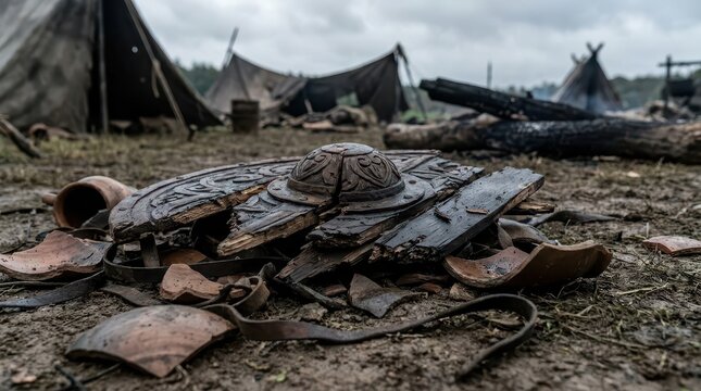 Remains of a Broken Wooden Viking Shield Amidst Ancient Battlefield Debris