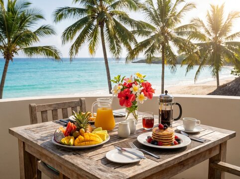 Luxury breakfast table at a tropical beach resort with ocean view