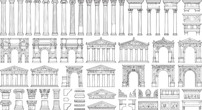 Set of classical architectural elements including columns arches pediments and capitals in a detailed hand drawn style