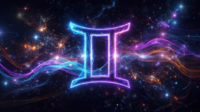 Neon outlined Gemini zodiac sign symbol surrounded by flowing colorful energy streams and stars on a deep space background