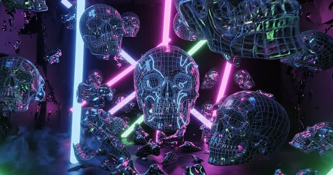 Floating wireframe skulls in a dark space with neon light bars, futuristic 3D animation with glowing geometric light effects.