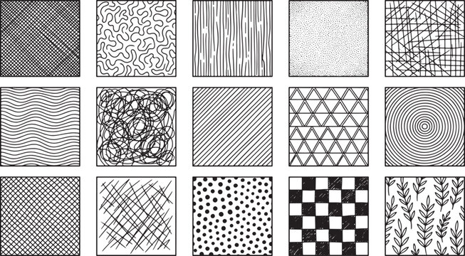 Set of hand drawn abstract geometric patterns and textures for graphic design projects in vector format