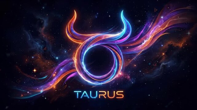 Glowing neon Taurus zodiac sign symbol made of colorful ribbons against a starry galaxy background