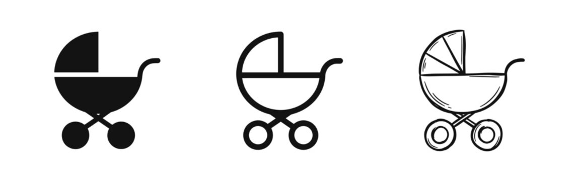 Baby carriage or stroller icons, solid, outline, and sketch set