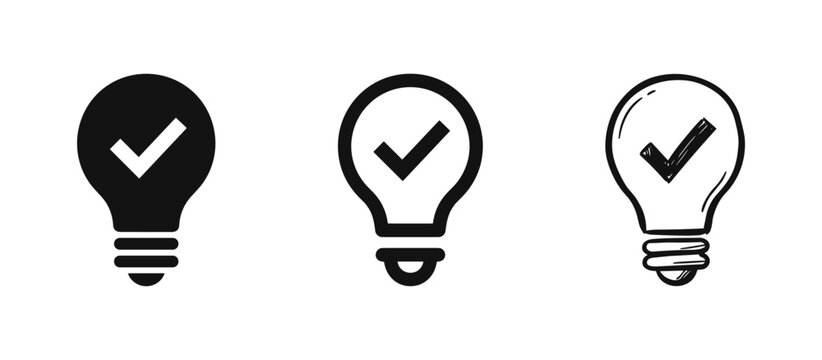 Light bulb with check mark icon set, creative idea and success symbol, vector illustration
