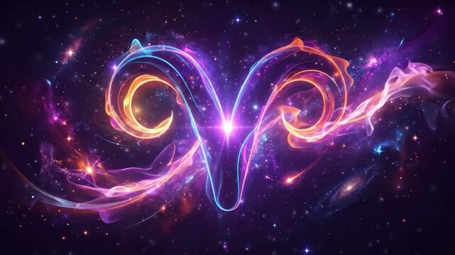 Vibrant Aries zodiac symbol made of glowing neon swirls in orange and blue colors on a deep space background with stars and galaxies