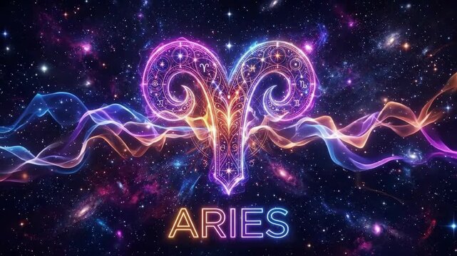Glowing Aries zodiac symbol in cosmic space. Vibrant neon ram horns with intricate astrological designs against a starry night sky with colorful nebulae and energy waves