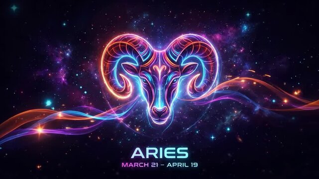 Neon glowing ram head representing the zodiac sign Aries against a cosmic starry background with colorful energy waves and text indicating dates March 21 to April 19