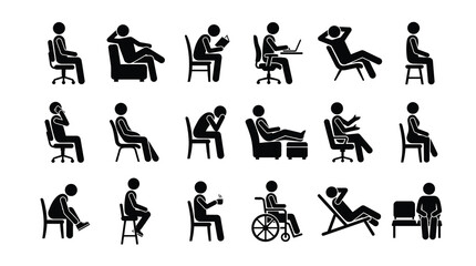 Obraz premium People sitting positions stick figure icons set. Human poses on chairs, sofas, working on laptop, reading, and wheelchair vector silhouettes.
