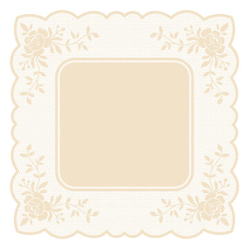 Vintage square lace frame with roses. Antique embroidery handkerchief for cottagecore stationery. Floral lace doily clipart in crochet style with scalloped borders. Whimsy classic doily.