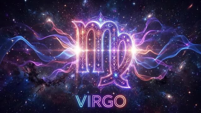 Vibrant neon Virgo zodiac symbol glowing in deep space with colorful nebula background. Mystical astrological sign with intricate filigree details and the word Virgo written below