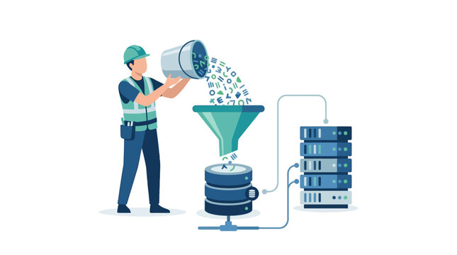 Data engineer pouring digital information into processing funnel for server storage optimization flat design vector illustration