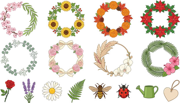 Floral wreath collection with seasonal flower frames botanical circles and decorative garden elements vector illustration
