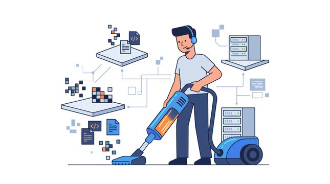 IT Specialist Cleaning Digital Servers and Database Files with Vacuum Cleaner Flat Design Vector Illustration