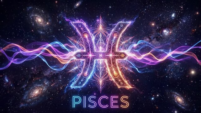Glowing neon Pisces zodiac symbol in deep space with colorful energy streams and galaxies. Mystical constellation artwork