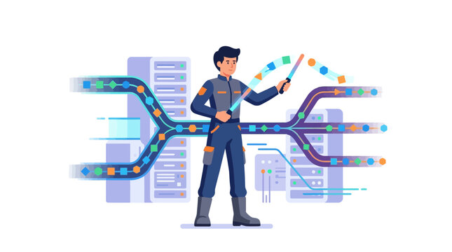 Professional data engineer directing digital traffic flow in a server farm facility flat vector illustration