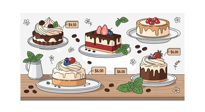 Set of hand drawn delicious cakes and pastries on a wooden table display.