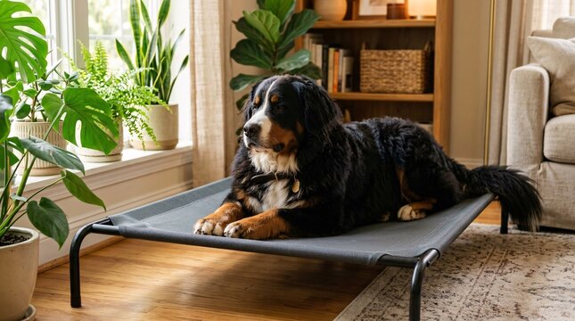 Beautiful fluffy black and rust Bernese Mountain Dog relaxes comfortably on a dark grey elevated mesh bed in a warm sunlit living room.